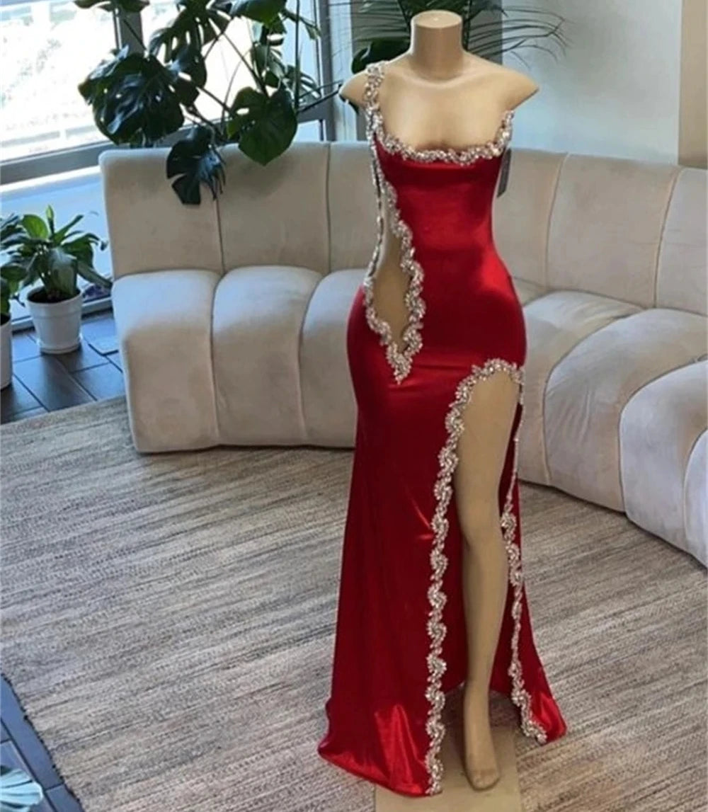 Zjkrl  -  Red Sheer Slit Long Prom Dresses For Black Girls Sexy Beaded Birthday Party Dresses African Evening Gown Robe De Customized Tunics Essential wardrobe