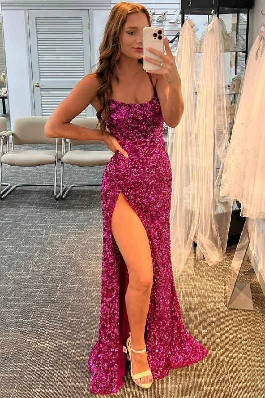 Evening Party Dresses Fuchsia Shiny Sequins Mermaid Long Prom Dresses Pencil Length Work