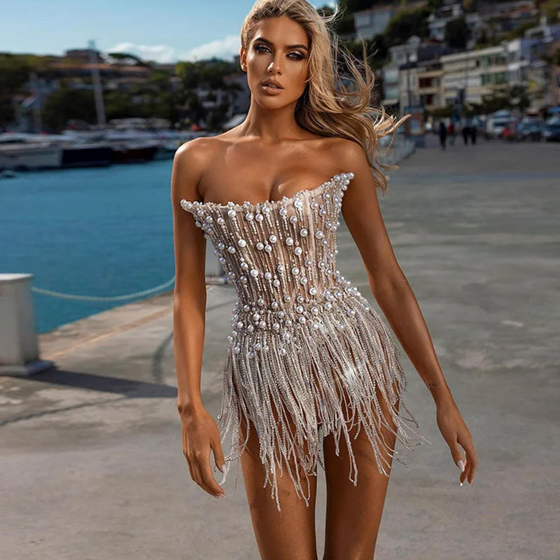 Luxury Pearls Tassels Strapless Cocktail Party Dress RM032 Tunics Essential wardrobe