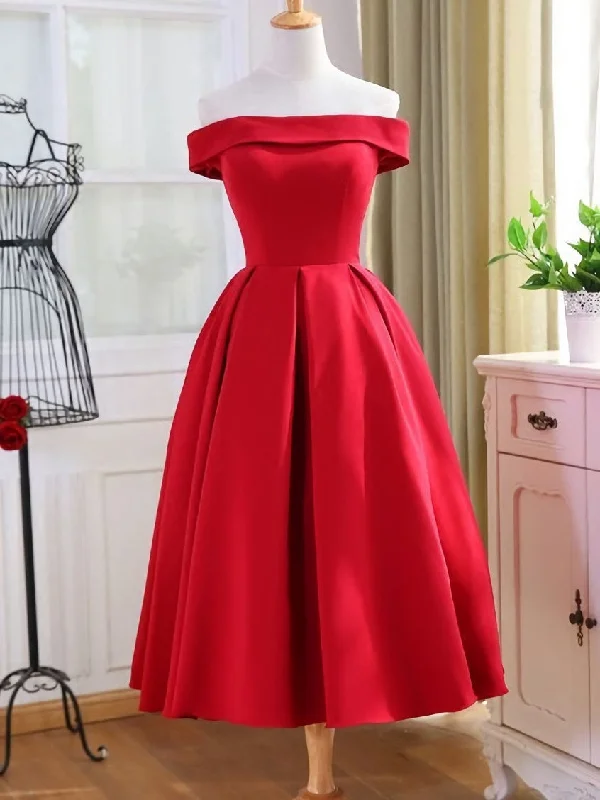 Charming Satin Red Off The Shoulder Homecoming Dress, Party Dress Off-the-shoulder Bohemian Festive
