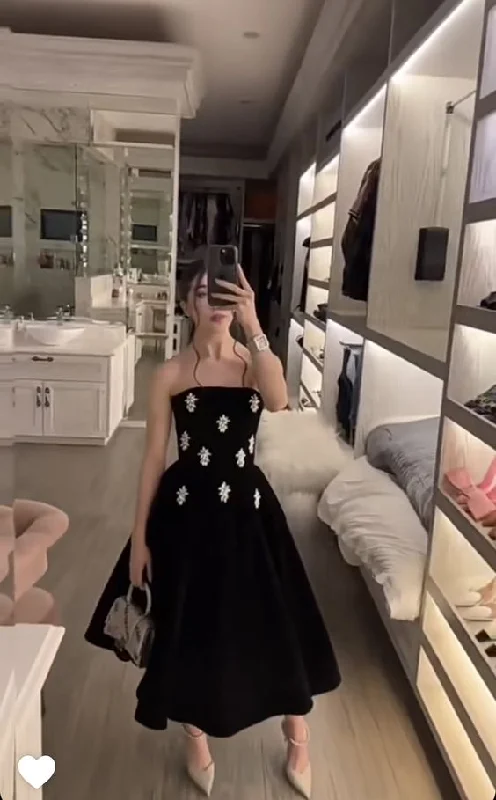 Elegant Black Strapless A-Line Long Party Dress Birthday Gown, DP3411 Tunics Solid Classic
