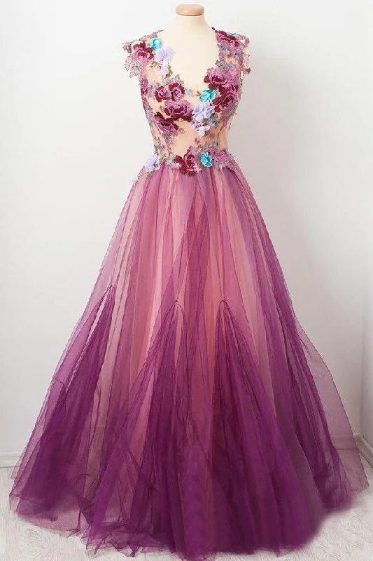 Tulle Flower A Line Prom Dresses Scoop neck Appliqued Party Dress Tunics Fall fleece
