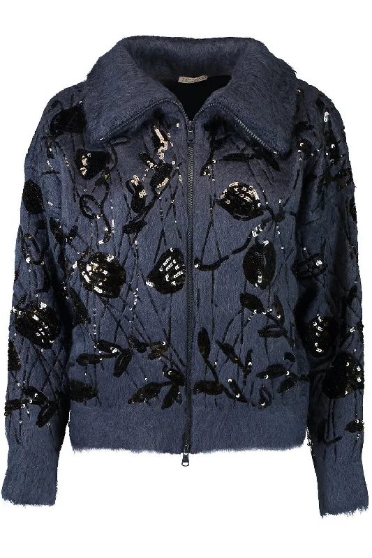 Dazzling Embroidery Zip Up Cardigan Mesh Cardigan Canvas Denim