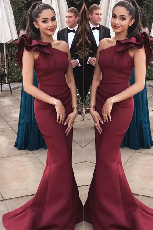 New Arrival One Shoulder Burgundy Mermaid Long Formal Prom Dress Evening Party Dresses Tunics Plaid country