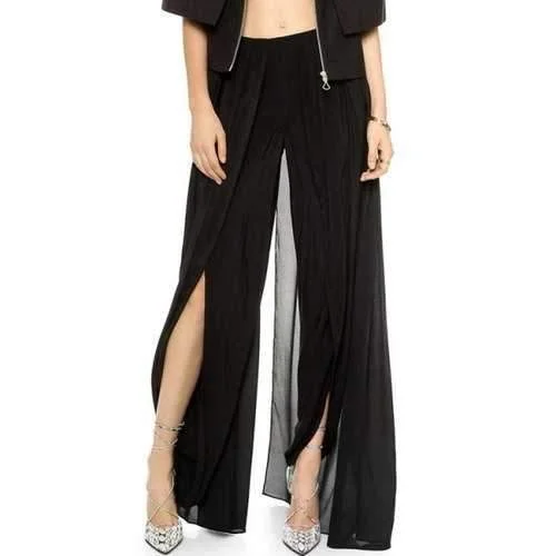 Fashionable Solid Color High Slit Elastic Waist Pants For Women - Black S Casual Track Pants