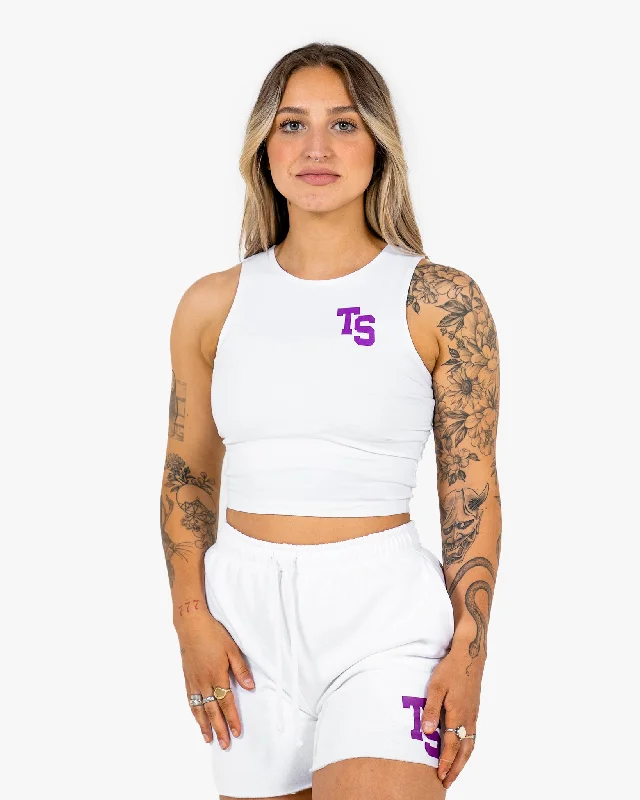 WKND Fitted Crop Tank - White w/ Purple gym tank top