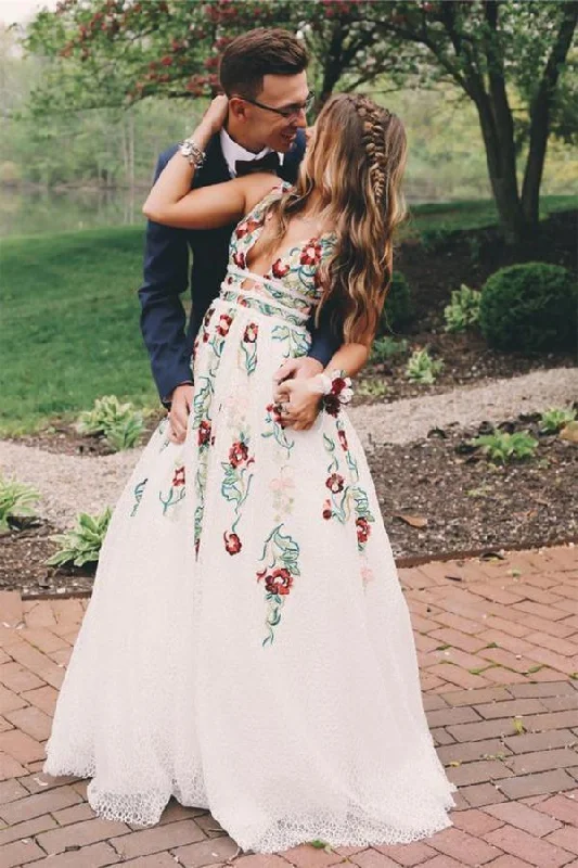 A Line Deep V Neck Ivory Lace Backless Embroidery Party Dresses Printed Prom Dresses Tunics Handmade artisanal