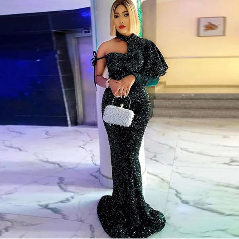 Zjkrl  -  Dark Green Sequined Evening Gowns Sparkly High Neck One Long Sleeve Prom Dresses African Women Formal Occasion Party Dress Tunics Designer luxury