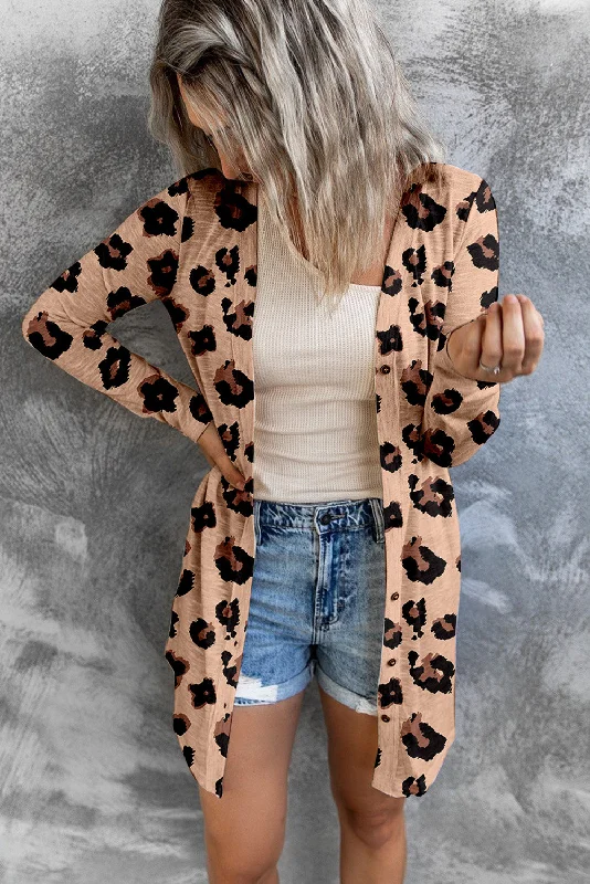 Lightweight Button Up Cardigan - Leopard Cotton Fabric Linen Fabric Terry Fabric