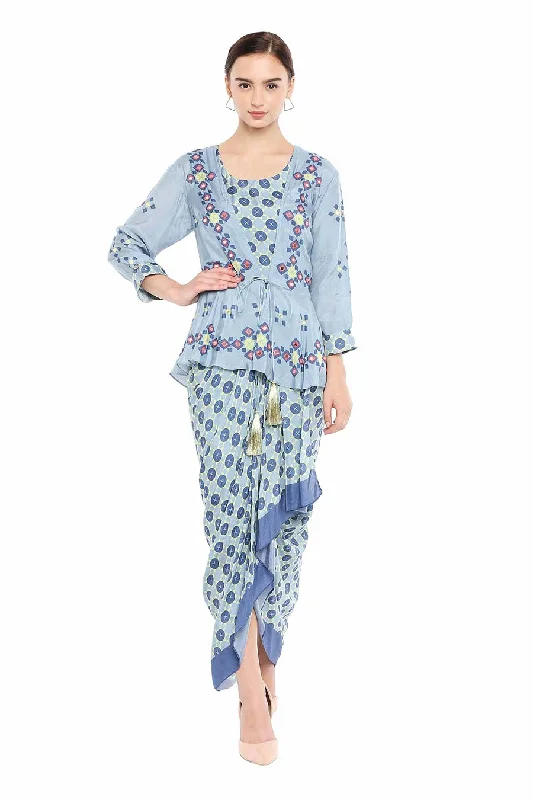 Blue Embroidered Dress & Jacket Co-ord Set Front Pockets Side Pockets Patch Pockets