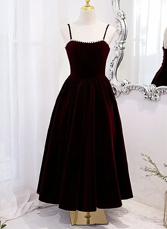 Wine Red Velvet Tea Length Party Dress, Wine Red Straps Homecoming Dress Tunics Cozy comfortable