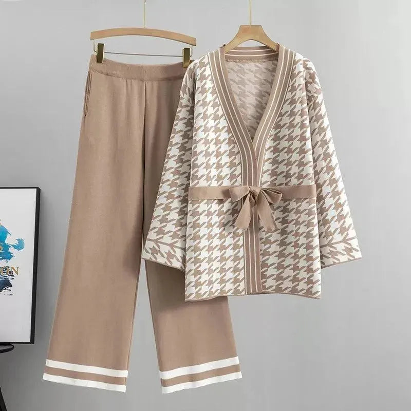 Knitted Loose Cardigan Women Pants Sweater Set Glossy Satin Silk