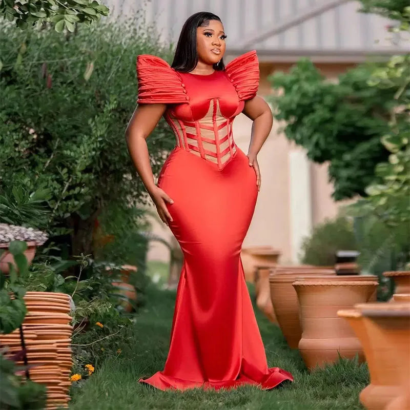 Zjkrl  -  Red Aso Ebi Mermaid Prom Dresses Ruched Satin Plus Size Mermaid Evening Gowns Arabic Formal Party Dress Floor Length Tunics Exclusive limited