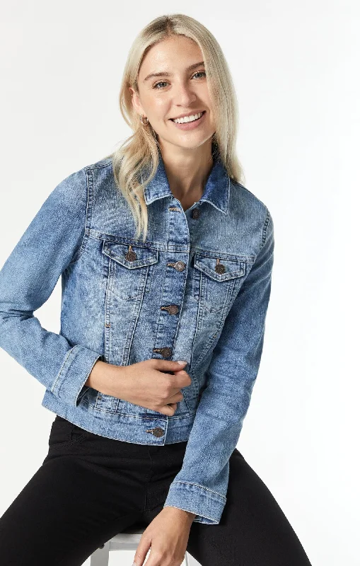 SAMANTHA DENIM JACKET IN BLEACH RANDOM NOLITA Appliqued Jacket Beaded Jacket Sequined Jacket