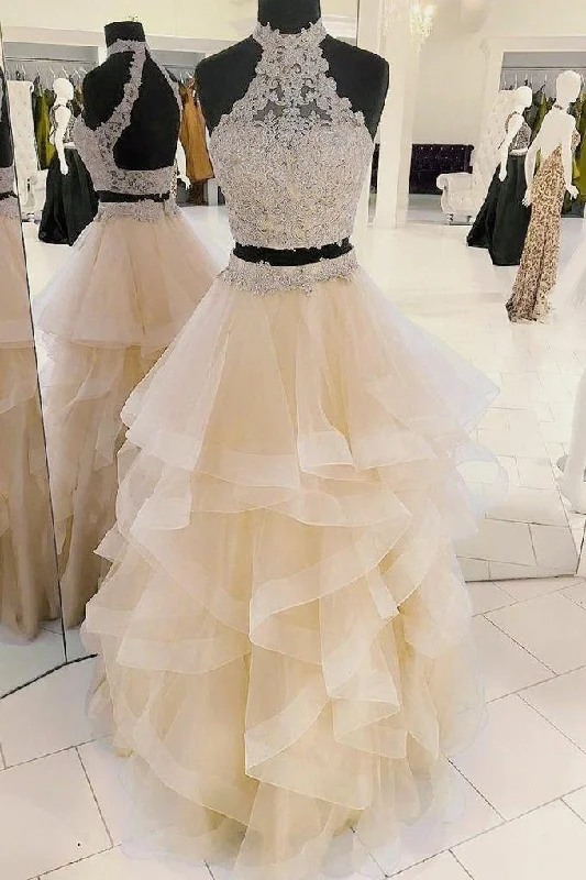 Lace Two Piece Prom Dresses with Horsehair Skirt Open Back Layers Halter Party Dress Tunics Brand named