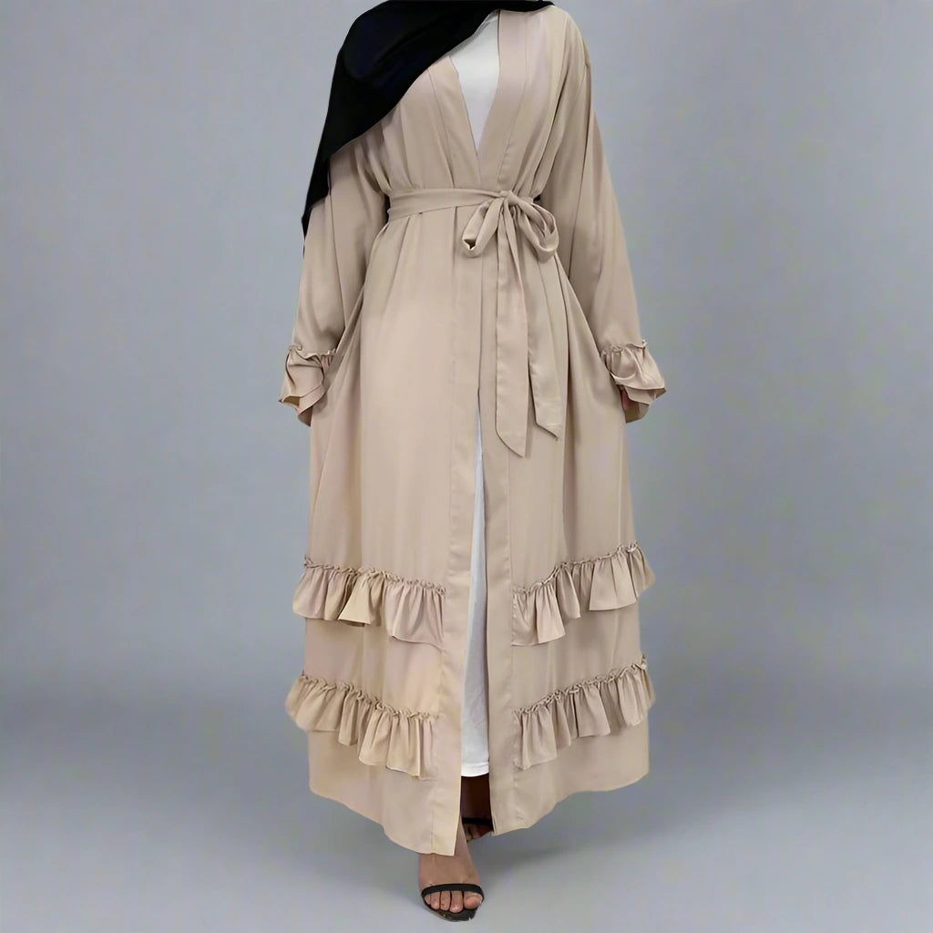 Muslim Women Ruffle Sleeve Cardigan Open Robe Abaya Dress Rayon Fabric Velvet Fabric Corduroy Fabric
