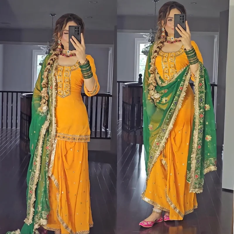 Yellow and Green Dupatta New Designer Party Wear Look Top Dhoti Skirt and Dupatta Set cotton skirt soft