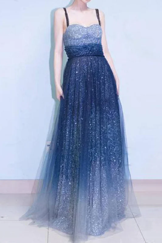 Fashion Ombre Sequin Tulle A Line Long Prom Dresses Formal Gradient Evening Party Dress Peplum Ruffle Cocktail