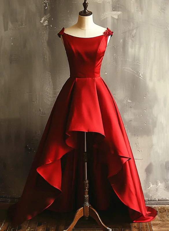 Wine Red Satin High Low Round Neckline Party Dress, Wine Red Homecoming Dress Tunics Luxurious premium