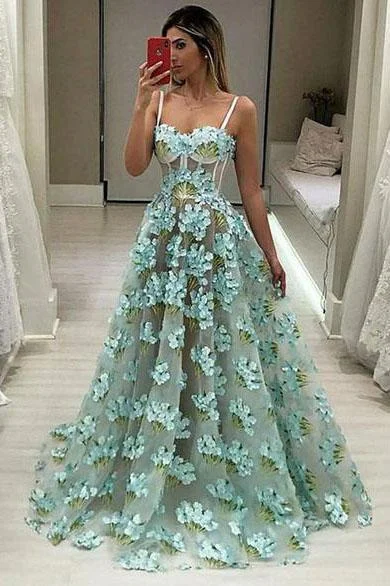 A Line Chic Spaghetti Straps Sweetheart Appliques Green Prom Dresses Long Party Dresses Tunics Brand named
