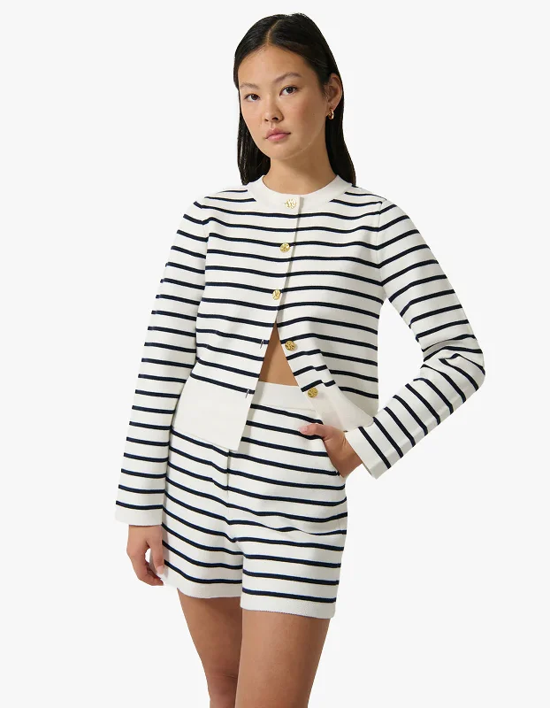 Amelia Cardigan - Navy/White Zippered Buttoned Snapped