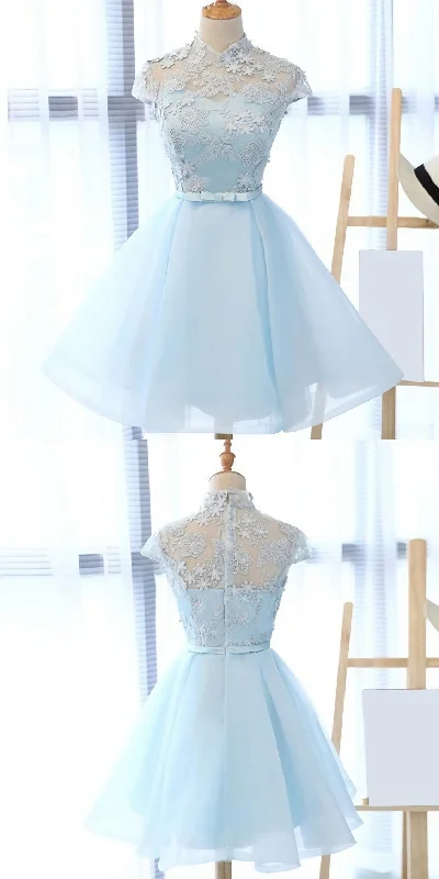 Chic Light Sky Blue Homecoming Dress, Tulle High Neck Homecoming Dress, Party Dress Tunics stripes playful