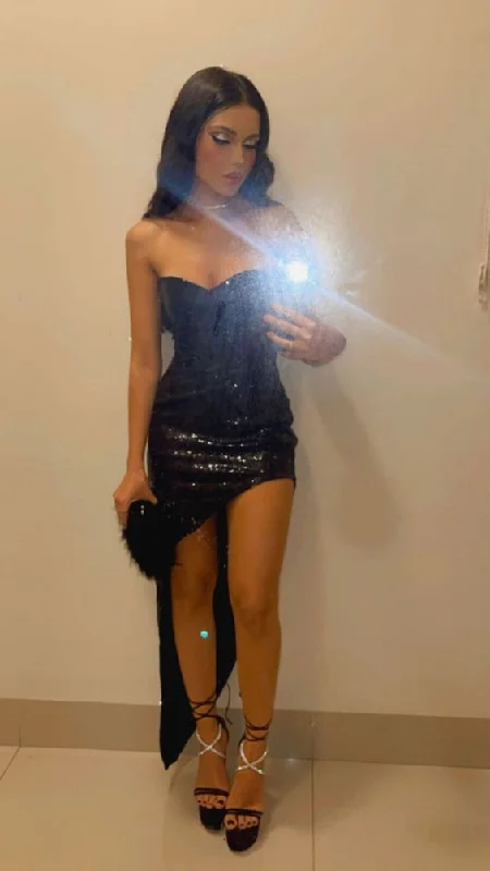 Sexy Black Sequins Asymetrical Strapless Sheath Evening Party Dress, DP3261 Tunics Denim casual
