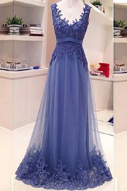 Empire Waist Backless Lace Appliques Blue Long Formal Prom Dresses Evening Party Dress Tunics Corduroy durable