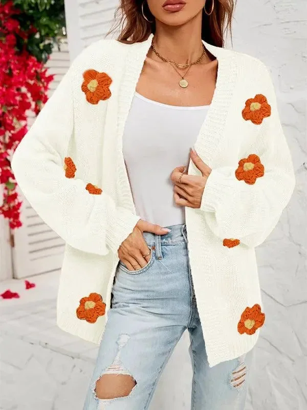 Floral Lantern Sleeves Cardigan Sweater Elasticated Padded Insulated