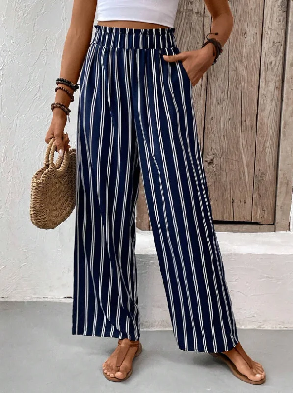 Navy Blue Striped Smocked Waistband Wide Leg Pants Trendy Velvet Pants