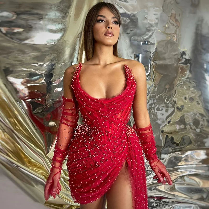 Zjkrl - Burgundy Cocktail Dresses High Side Split Sexy Mini Party Dress For Women  Tulle Pearls Zipper Prom Gown robes de soirée Tunics Luxurious premium