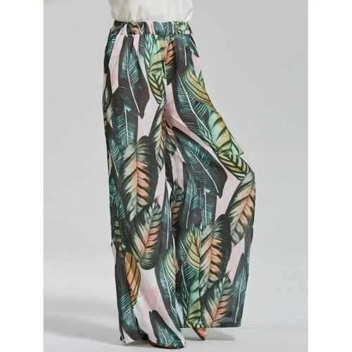 Trapical Leaf Print Wide Leg Exumas Pants - Green M Stylish Slim Trousers