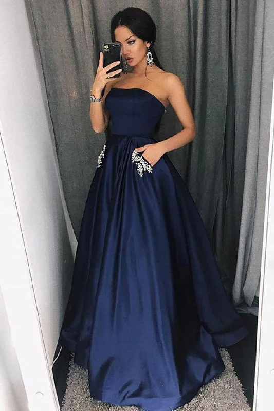 Elgant A Line Strapless Navy Blue Long Prom Dresses Formal With Pocket Evening Party Dress Boatneck Modish Everyday