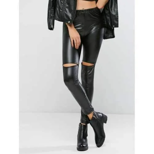 Ripped PU Bodycon Pants - Black M Trendy Wide-Legged Trousers