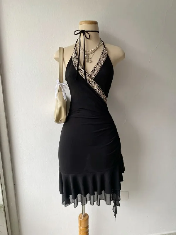 Black V Neck Halter Sheath Midi Length Cocktail Dress Evening Party Dress, DP4381 Off-the-shoulder Bohemian Festive