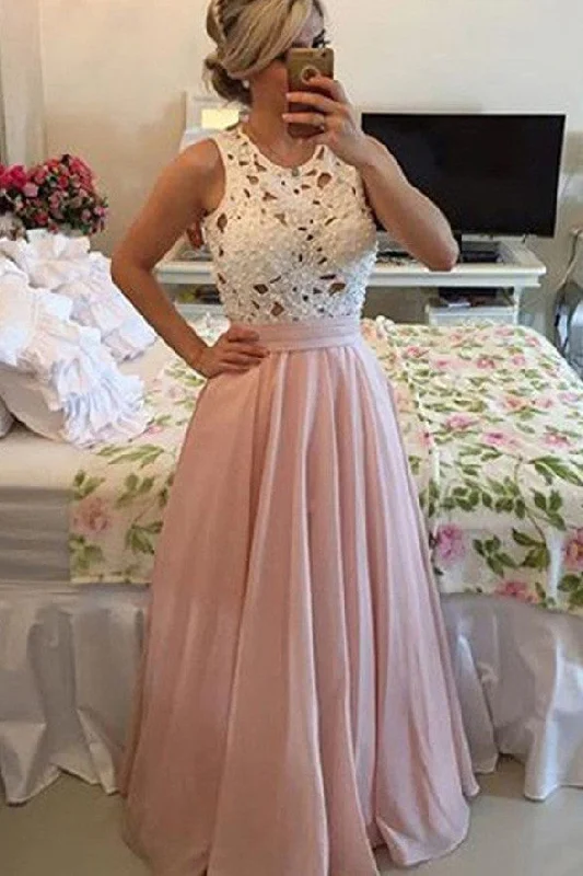 High Neck Ivory Lace Pink Sleeveless Evening Party Dress Prom Dresses Tunics Prom sequined