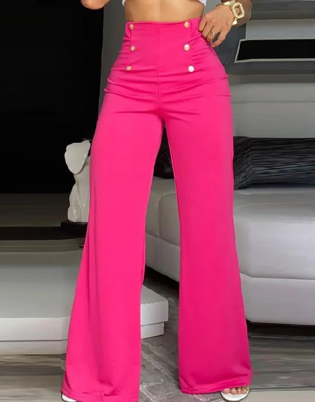 Rose Red Breasted Decorative Wide Leg Pants Comfy Zip-Up Pants