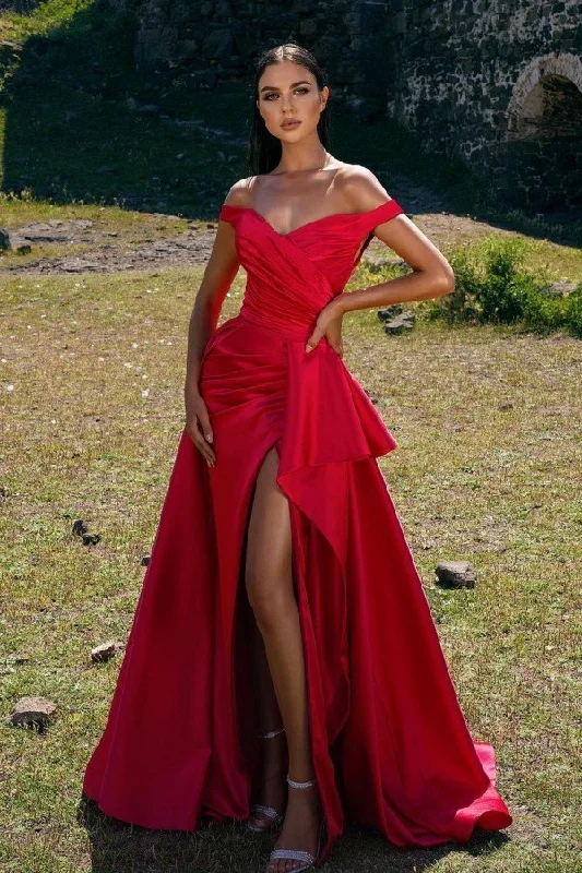Elegant Party Dress Satin Red Off-The-Shoulder Mermaid Prom Dress With Front Split Tunics Satin smooth