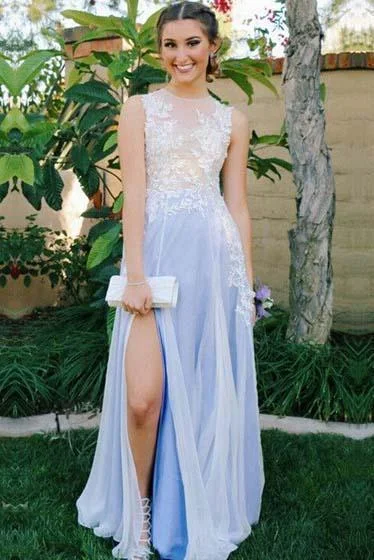 See Through Side Slit Pale Blue Lace Chiffon Scoop Party Dresses Prom Dresses Tunics Seasonal trendy