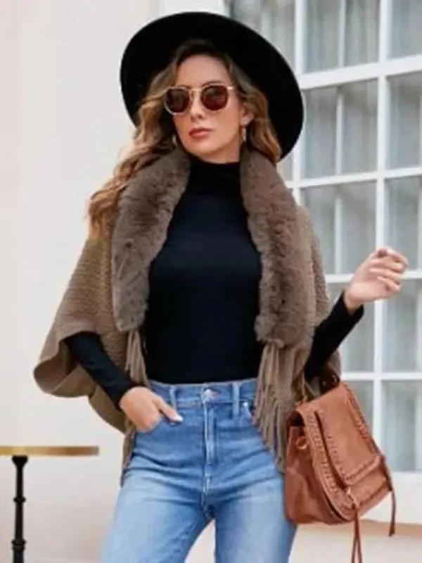 Fur Collar Knitted Tassel  Women Cardigan Sweater Cable Knit Ribbed Knit Lace Knit