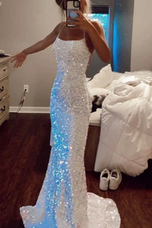 Long Backless Evening Gown Party Dresses Glitter Sequin Mermaid Sparkly Prom Dress Halter Neckline Beach