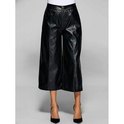 High Waisted Faxu Leather Crop Wide Leg Pants - Black S Relaxed Lounge Trousers