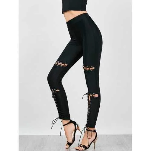 Elastic Waist Skinny Lace Up Pants - Black Xl Chic Slim Fit Pants