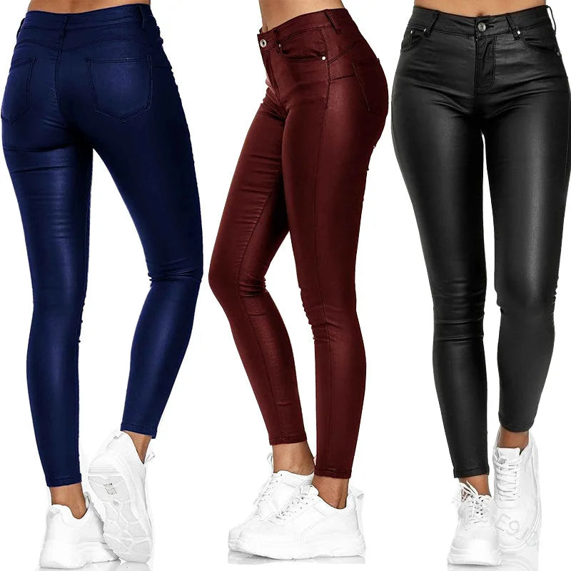 Women's High Waist PU Leather Pencil Pants – Elastic, Skinny Trendy Wide-Leg Pants
