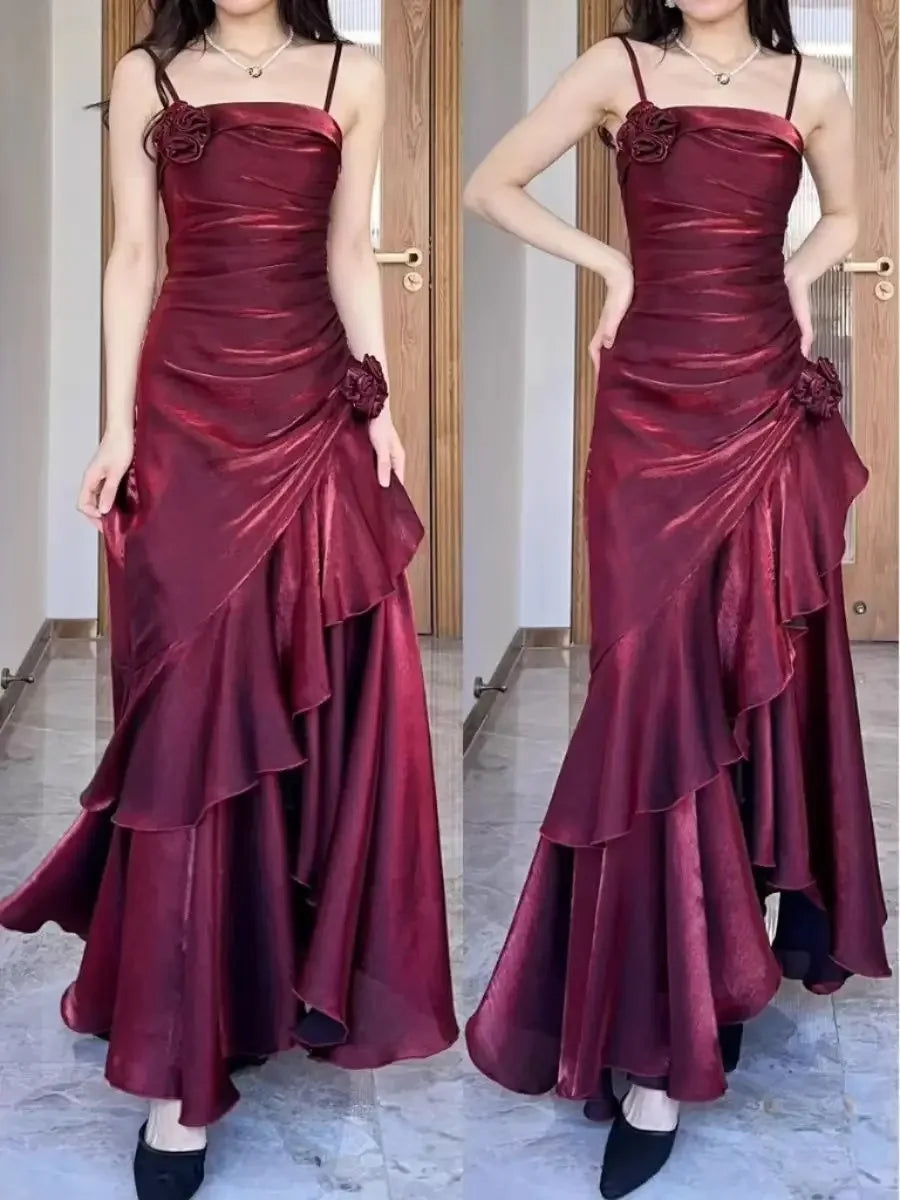 ZJKRL  -  Custom Sexy Wine Red Spaghetti Strap Satin Prom Gowns Tiered 3D Flowers Sleeveless Party Dress Women vestidos de festa Tunics Bridal satin