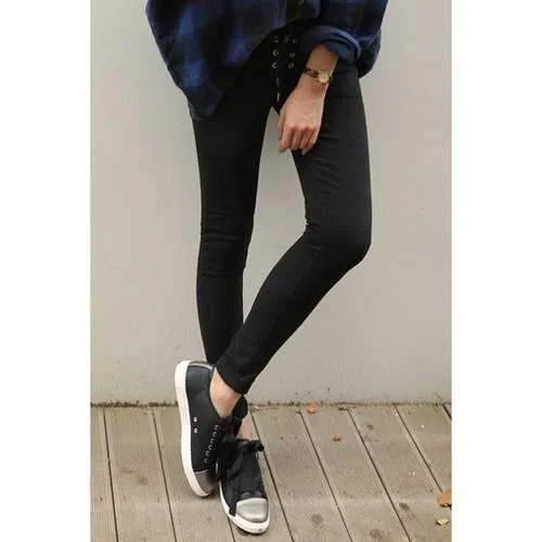 Stylish Slimming Solid Color Lacing Pencil Pants For Women - Black M Elegant Silk Pants