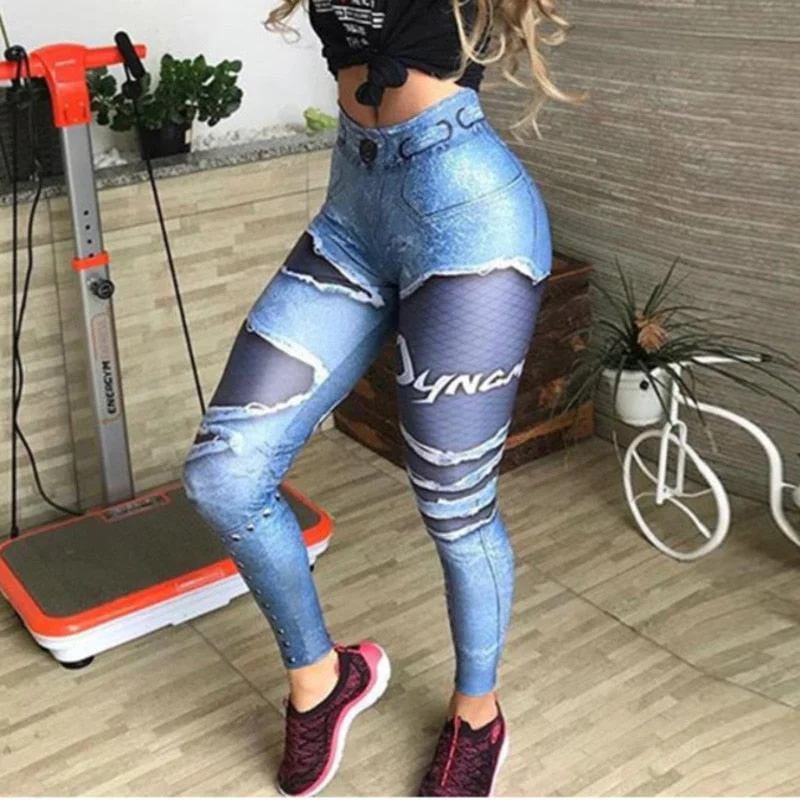 3D Printed Fake Denim Mesh Skinny Pants Classic Pleated Pants