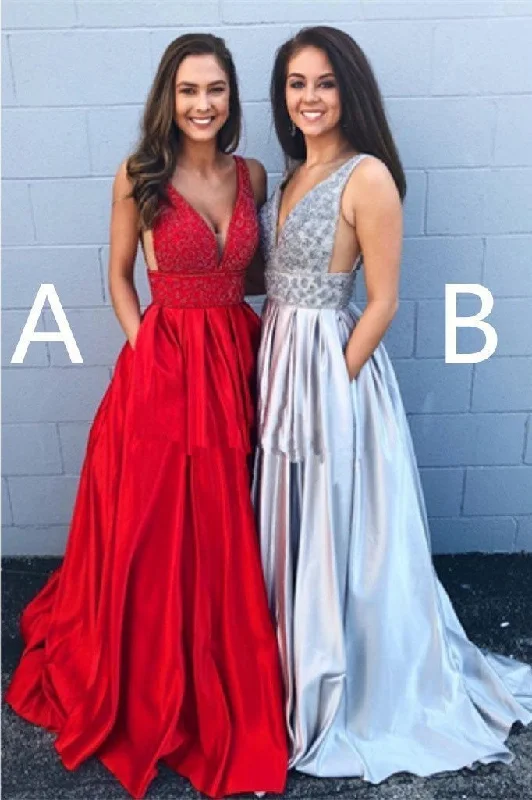 A-line Deep V Neck Beads Red Backless Long Prom Dresses With Pockets Party Dress Tunics Luxurious premium