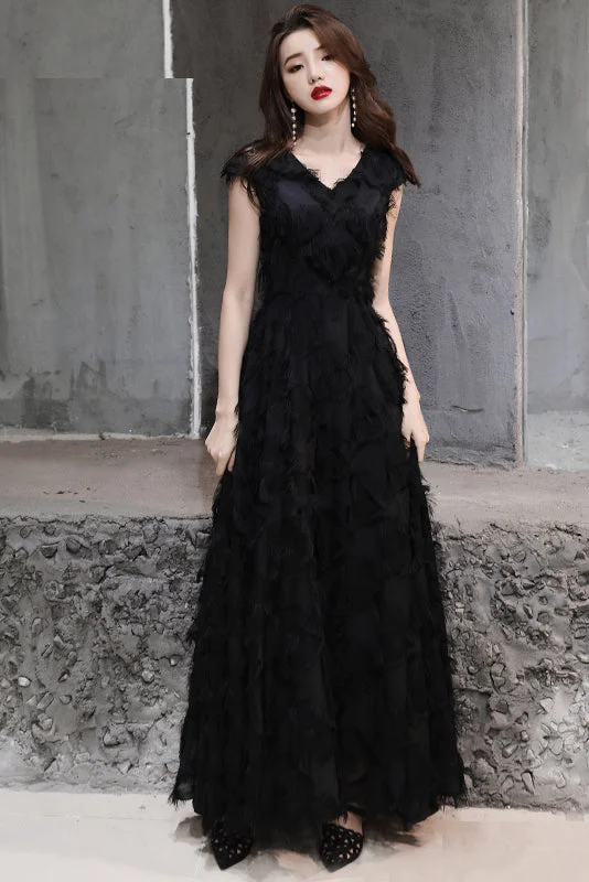 Black Short Sleeves Long Party Dress with Featherss Prom Dress Homecoming Dresses Tunics Fall fleece