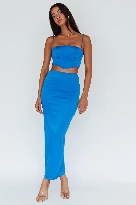 Zeina Satin Midi Skirt Blue leather skirt modern